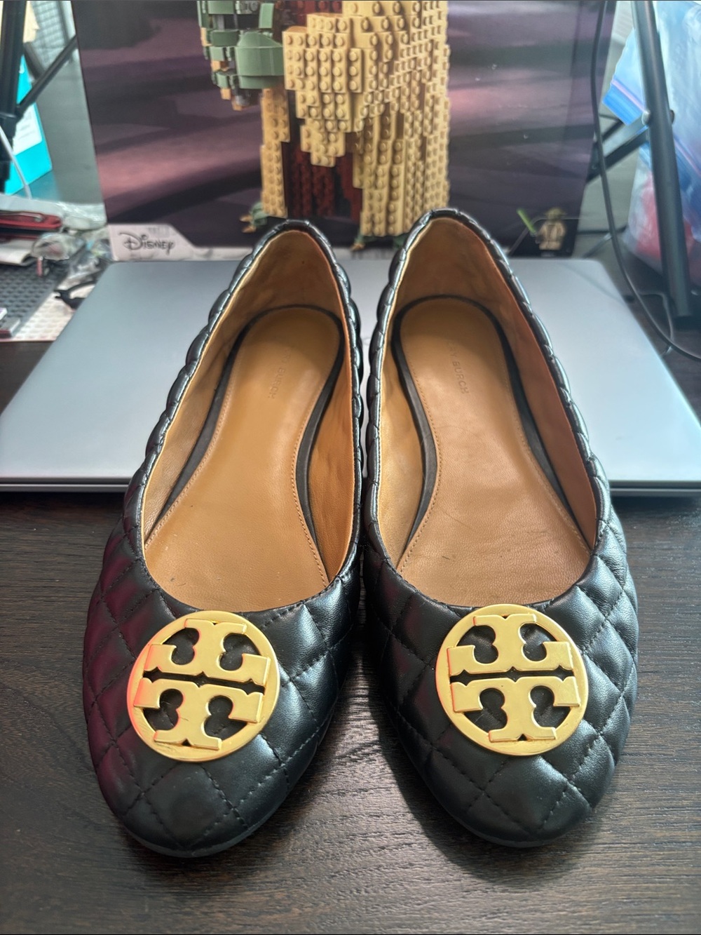 Tory Burch Black Quilted Leather Logo Medallion Flats